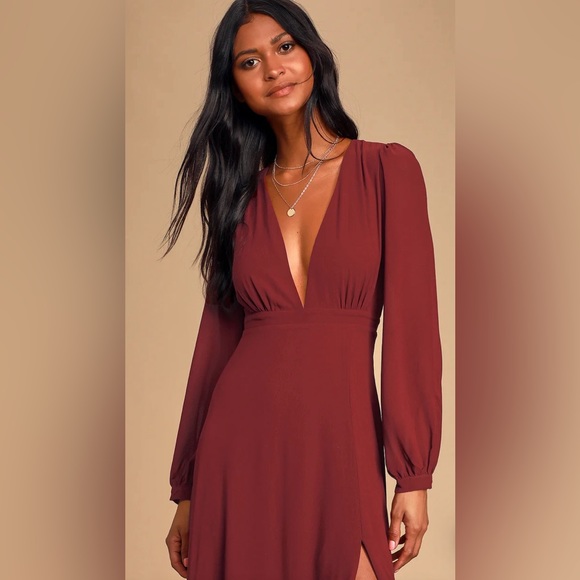LULUS All My Life Maxi Dress Burgundy Long Sleeve Deep V Plunge Front High Slit - Picture 2 of 16